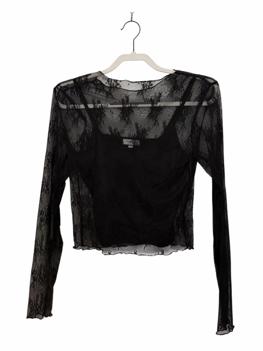 Discreet Black Sheer Lace Long Sleeve Top Crew Neck with Camisole Tank Top Crop